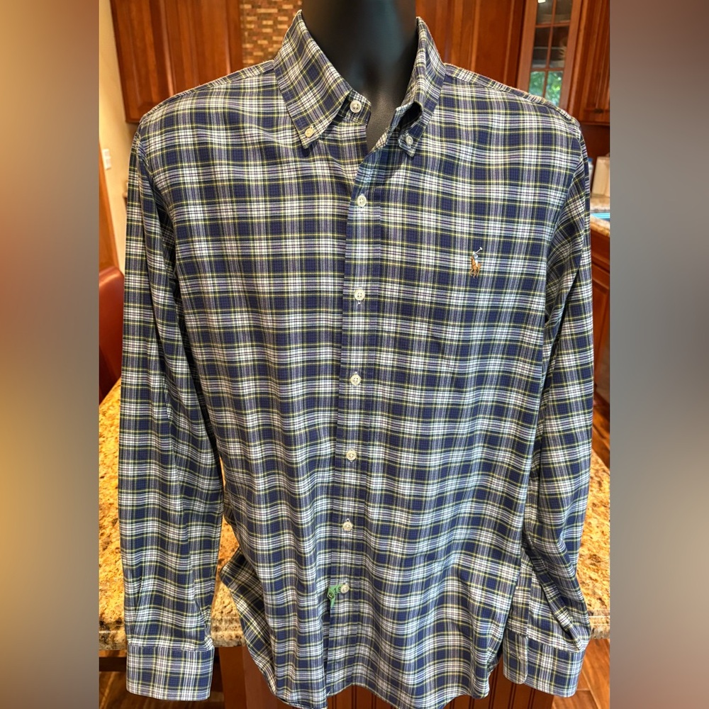 Ralph Lauren men’s button front shirt.‎ Sharp navy plaid with iconic logo.